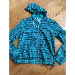 Zine women's teal athletic aztec full zip hooded windbreaker jacket size large